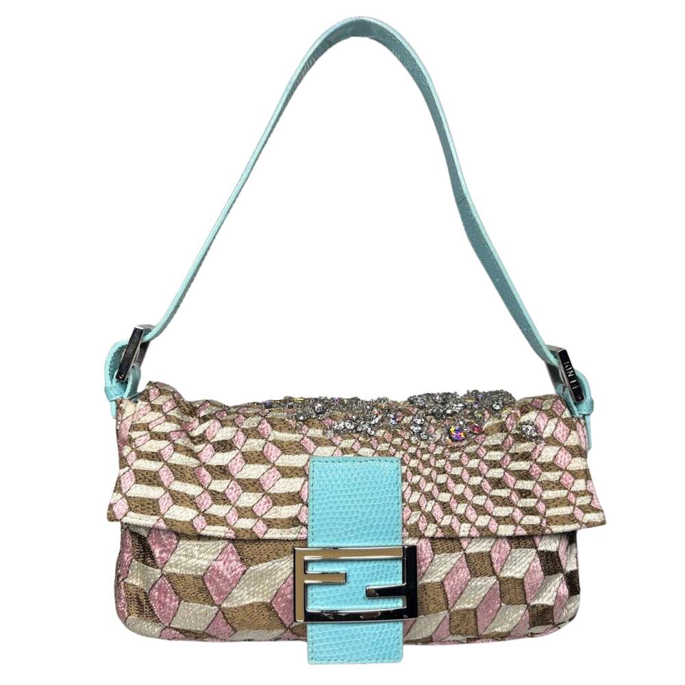 Fendi Geometric Crystal Embellished Baguette Turquoise Lizard Trim 3D Design